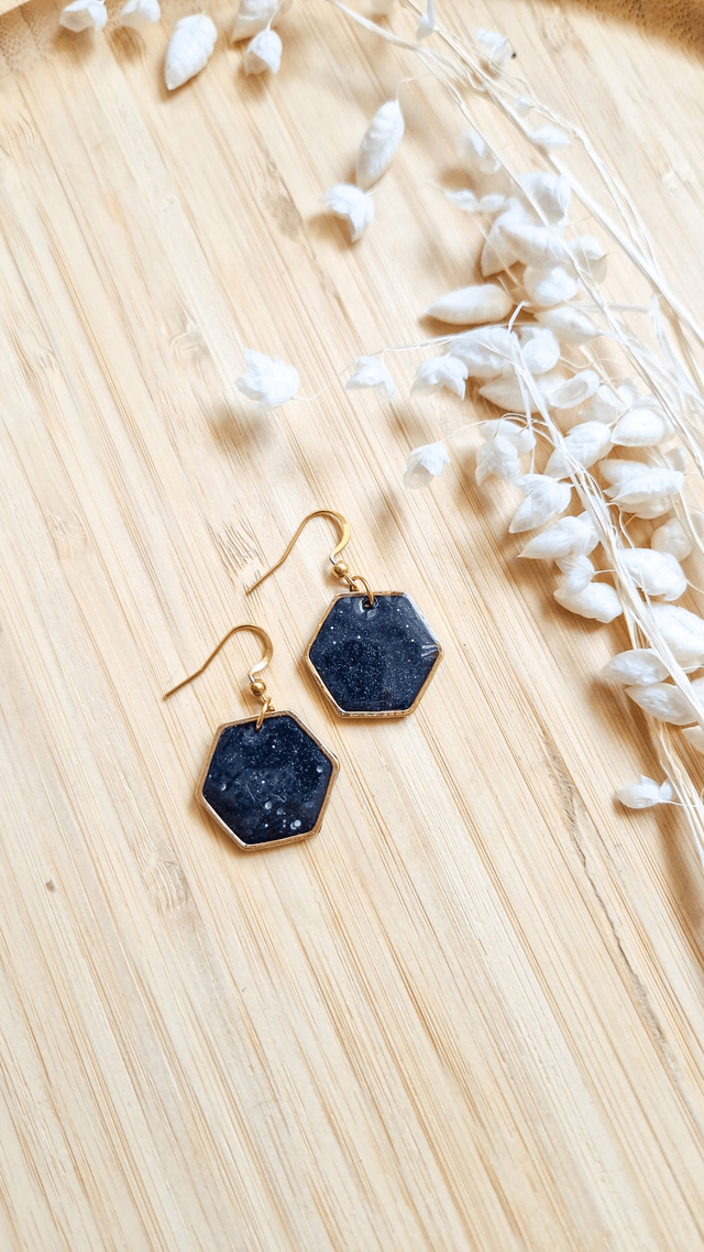Noir Céleste - Boucles d'oreilles en pâte polymère et résine. 