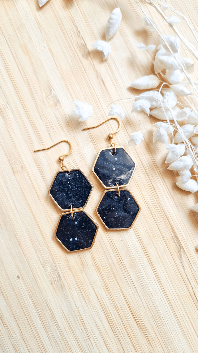 Noir Céleste - Boucles d'oreilles en pâte polymère et résine. 